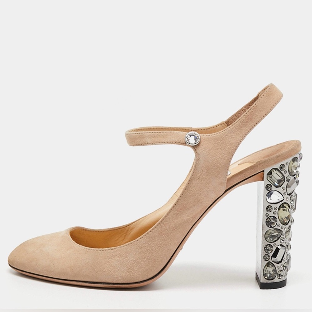Jimmy Choo-Beige Suede & Leather Heels with multi-shape Crystals. Size 39 (US 9)